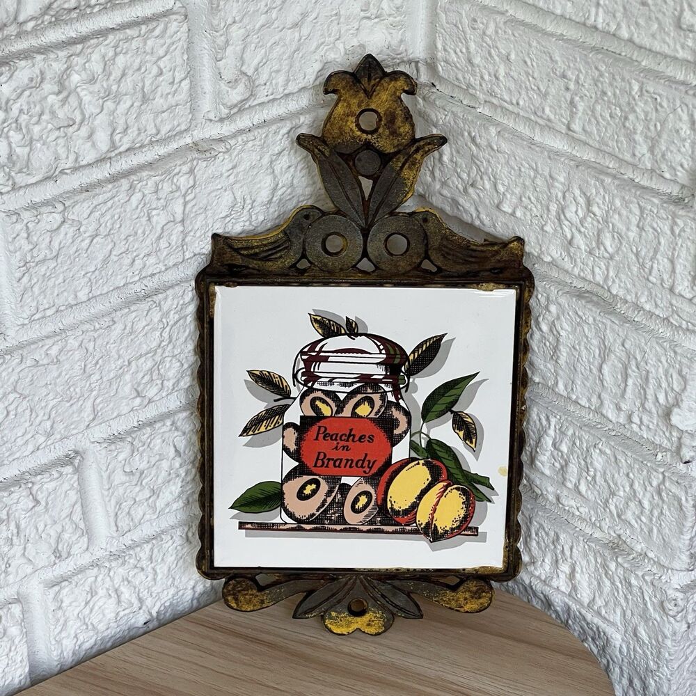 VTG Cast Iron Ceramic Tile Footed Trivet PEACHES in Brandy Rustic MCM Farmhouse - Picture 11 of 13